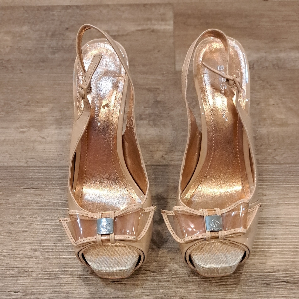 BCBGeneration Tan Peep-Toe Heels with Bow